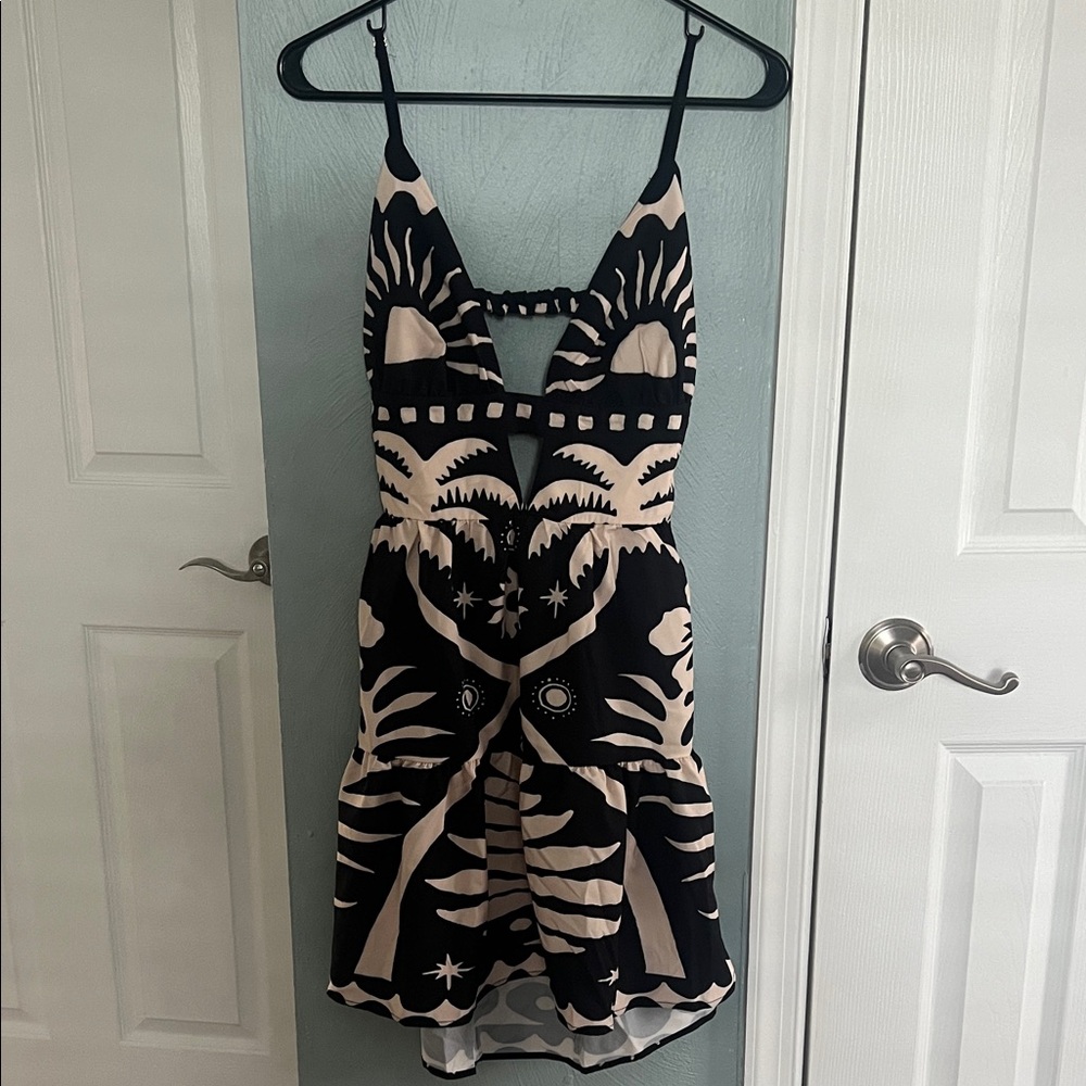 Black and Cream Patterned Spaghetti-Strap Dress